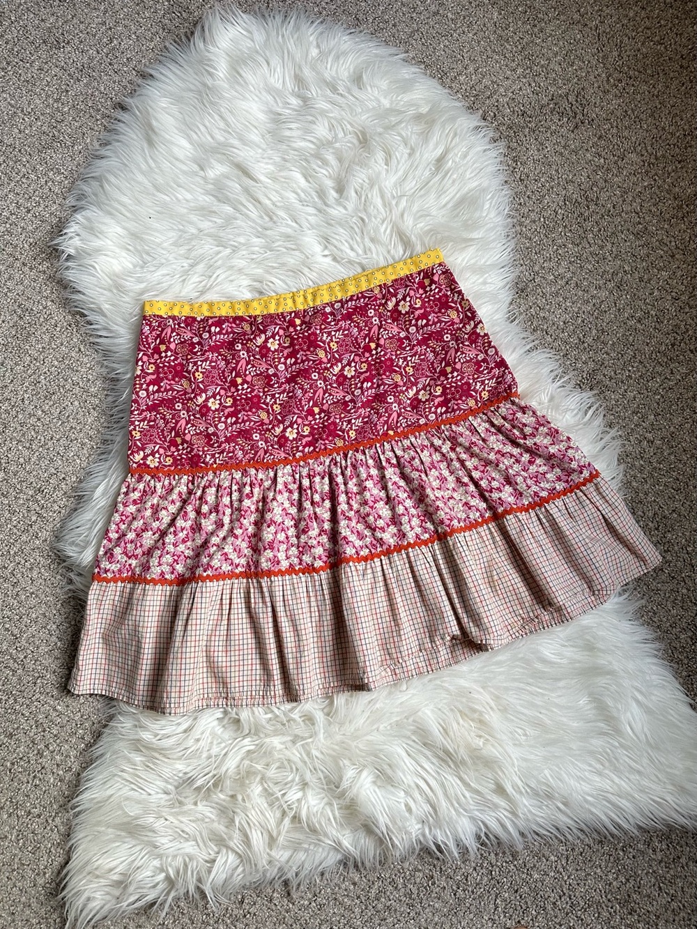 American Eagle Outfitters Pink, Red Floral Tiered Skirt with Yellow Trim